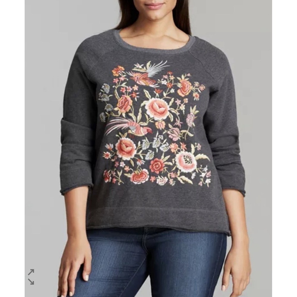 Johnny Was Sweatshirt Women's S‎ Gray Floral Embroidered Birds Floral Artsy Boho